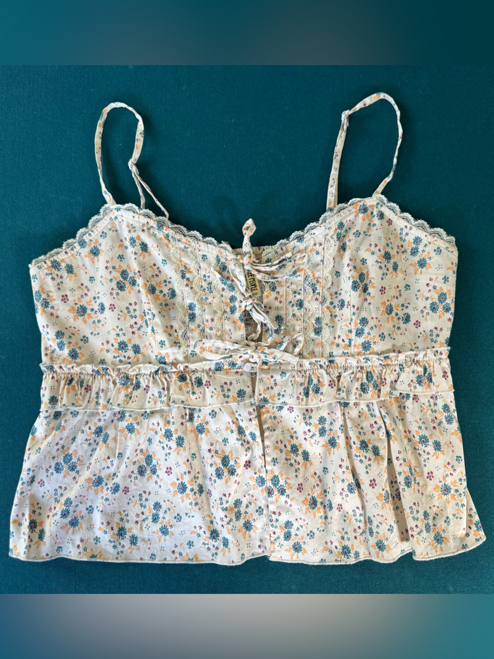Free People Floral Tie-Front Smocked Peplum Cami Tank Size Large